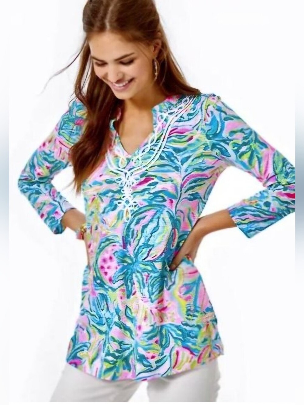 Lilly Pulitzer Kaia Pink, Blue & Green Palm  Printed Tunic Top, Size XL